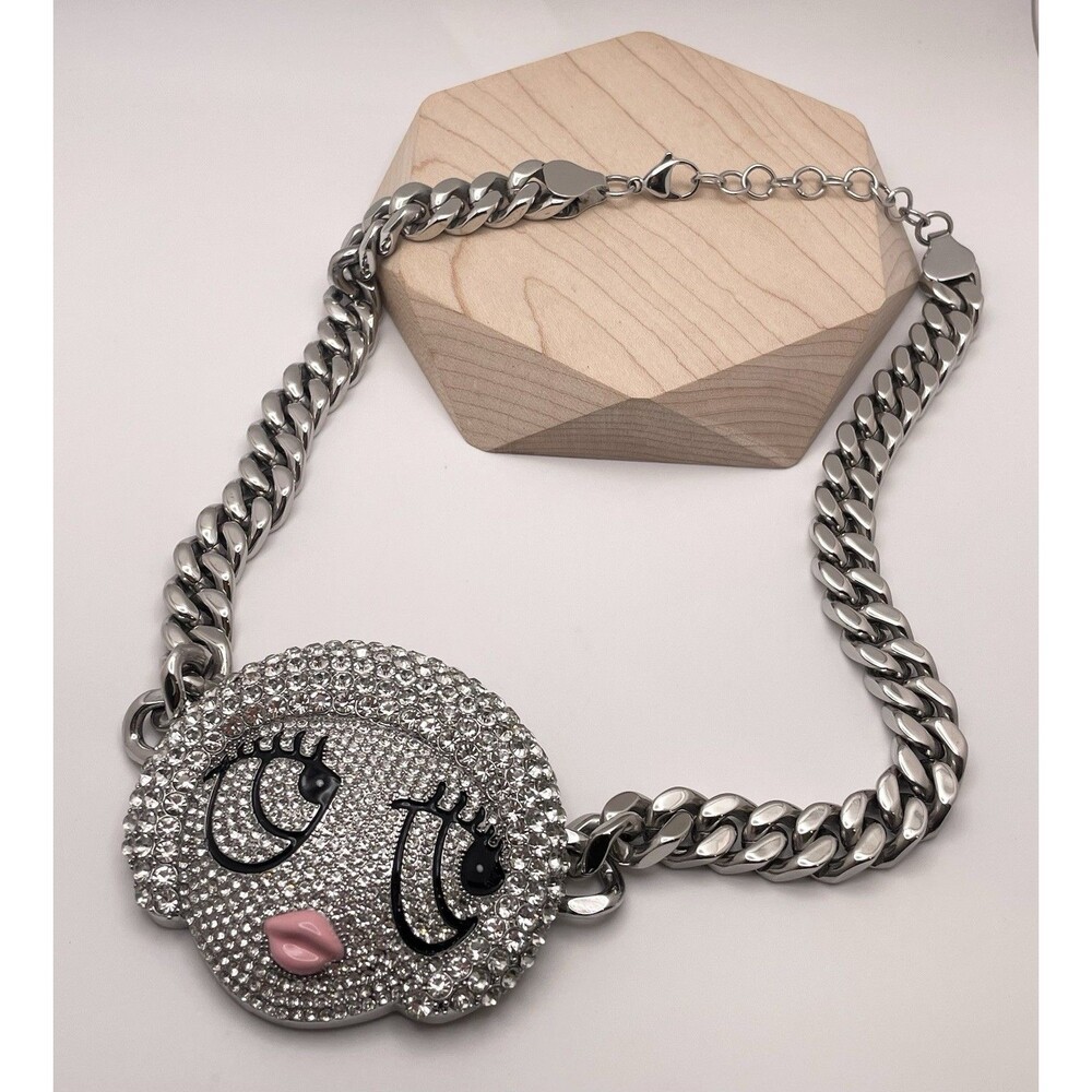 Ice Spice Munchkin Crystal Cartoon Pendant Silver Tone Cuban Link Necklace